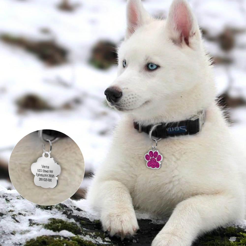Glitter Crystal Bone Paw Shape Custom Dog Tags Pet Dog ID Name Phone Engrave
