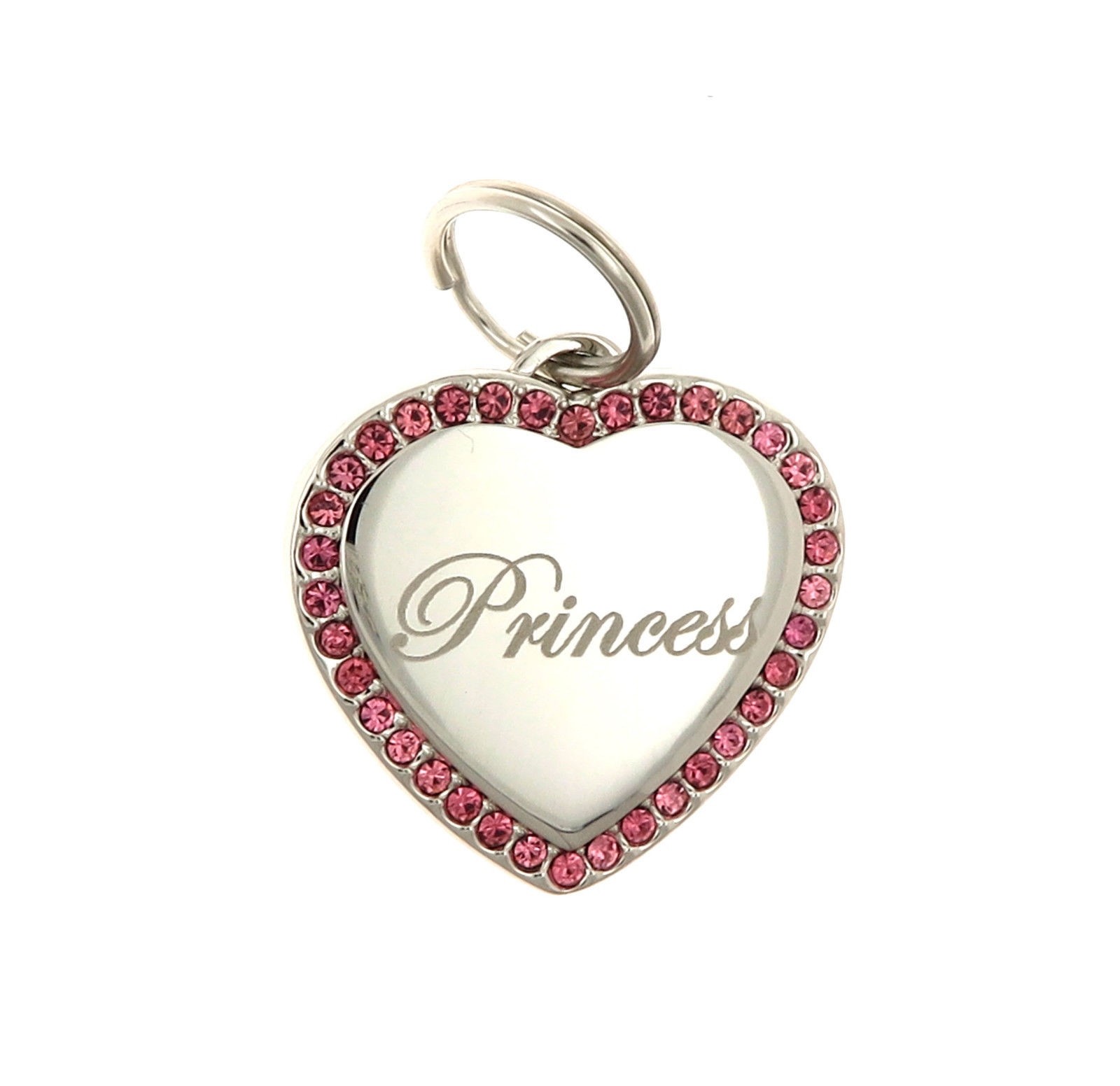 Custom Engraved Personalized Stainless Heart Pink CZ Stones Dog Tag Pet ID Name