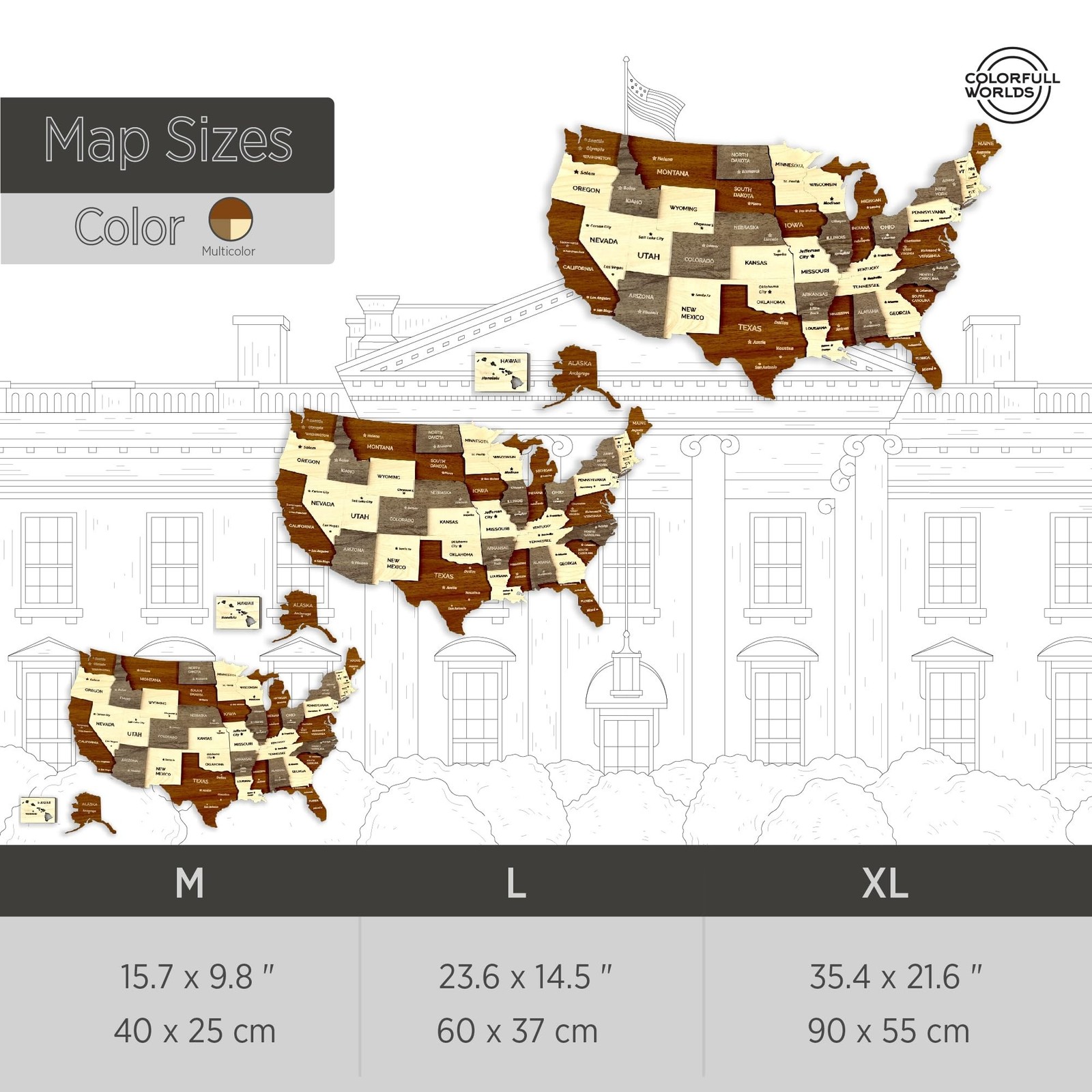 Colorfull Worlds 3D Wooden USA Wall Art, Gift for American Friend, United Sta…