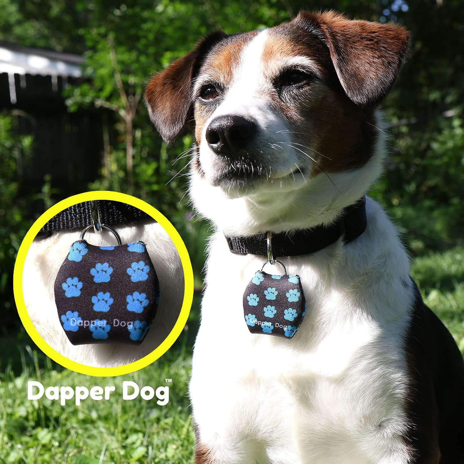 Dapper Dog – Dog Tag Silencer with Tag Ring (Black with Dark Blue Paw Prints)