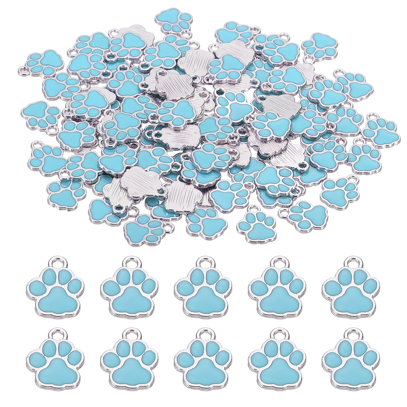 Enamel Paw Print Charm, 100Pcs Alloy Enamel Pendants , Lake Blue/silver