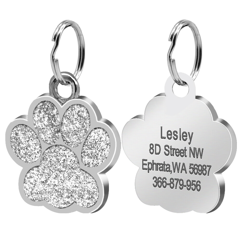 Dog Cat Pet Tag ID Collar Tags Personalized Engraved 24mm Glitter Paw Print Tag