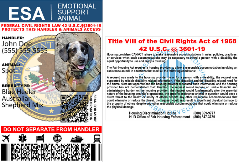 EMOTIONAL SUPPORT ANIMAL ID CARD ESA PHYSICAL & DIGITAL CUSTOMIZABLE 2 SIDED
