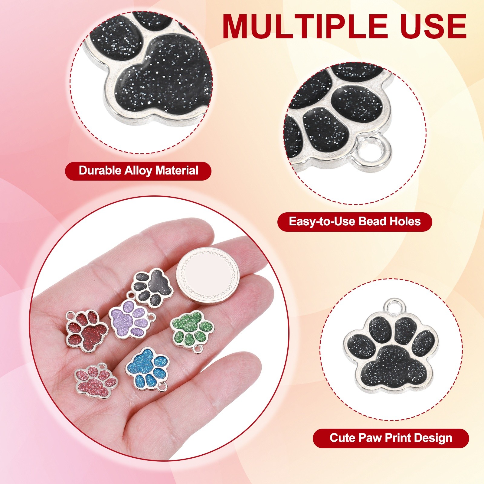 Enamel Paw Print Charms with Glitter Powder, 50Pcs(Silver Tone/Black)