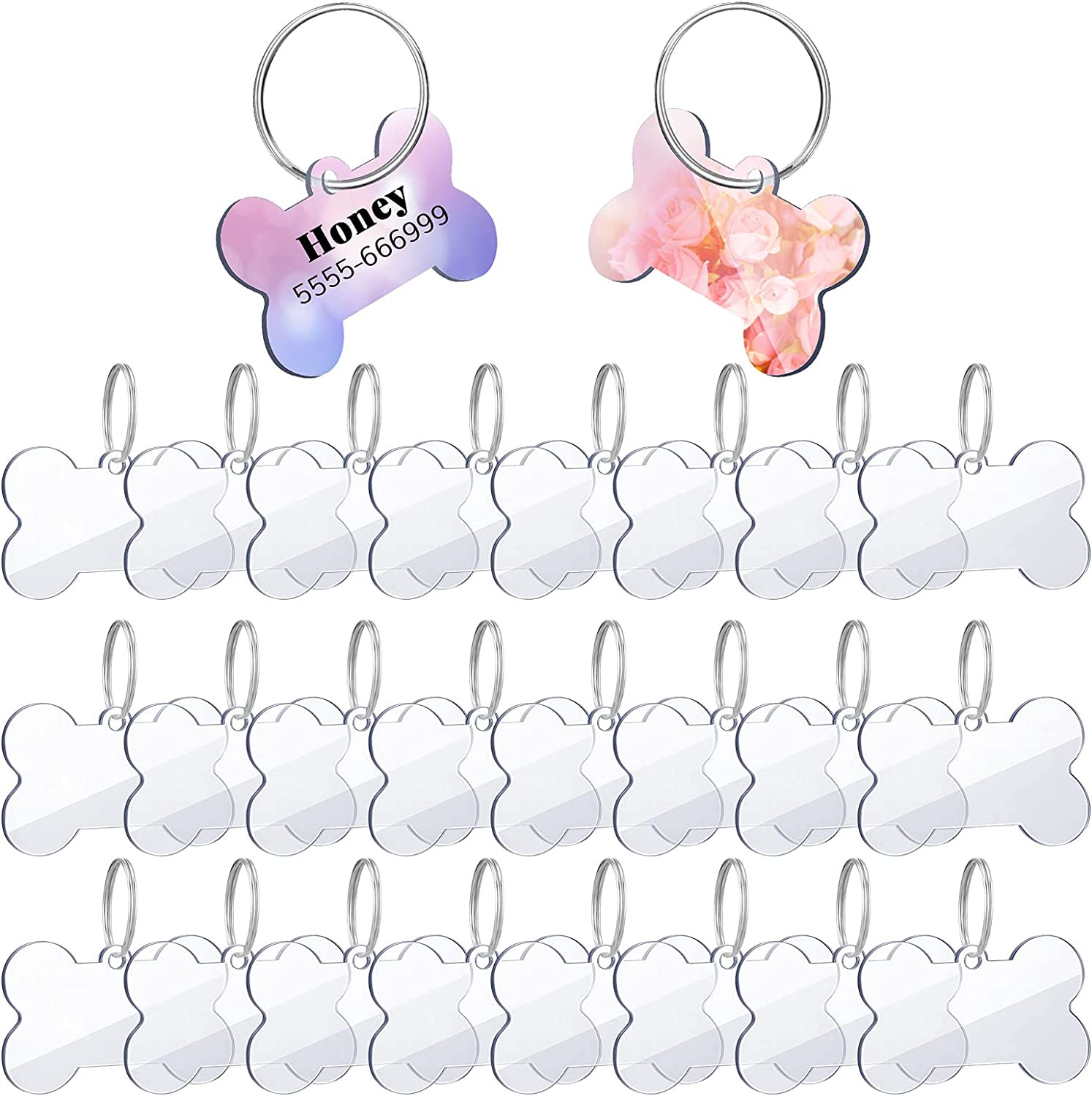 24 Pcs Blank Acrylic Dog Tag 1.49 X 1 Inch Double Dise Bone Shap ID Tags with Ke