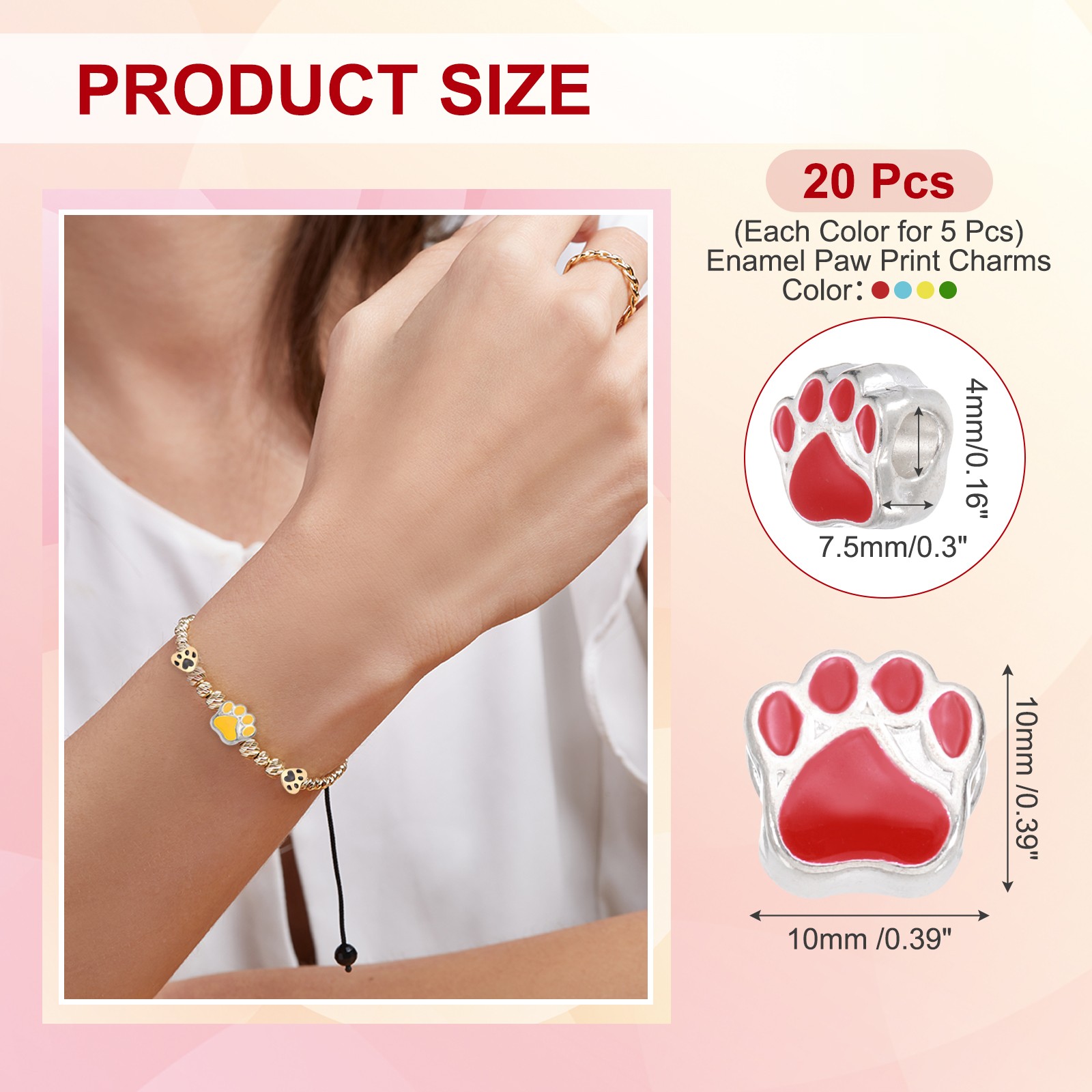 Enamel Paw Print Charms, Large Hole Beads, 20Pcs(Red/Green/Yellow/Blue)