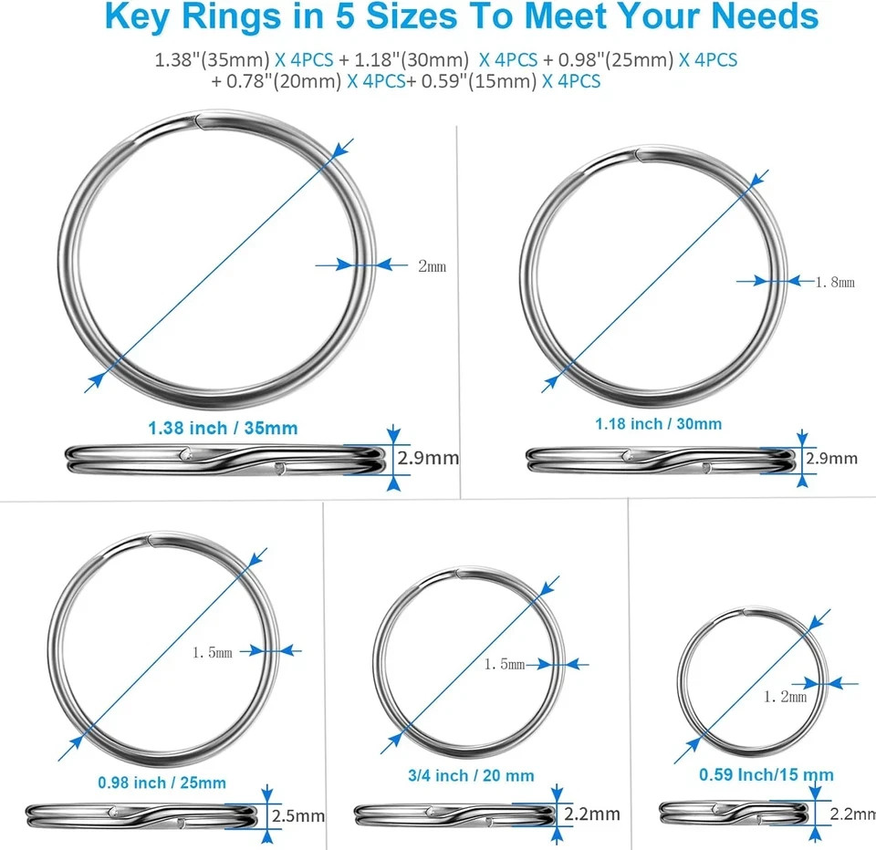 20 Pcs Stainless Steel Split Key Rings Assorted Sizes for DIY Dog Pet Collar Tag