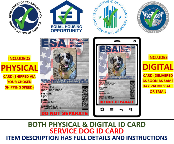 EMOTIONAL SUPPORT ANIMAL ID SINGLE SIDED ESA PHYSICAL & DIGITAL