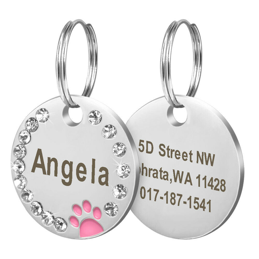 Paw Print Rhinestones Custom Laser Engraved Dog Cat Tag Personalized/Free Ring
