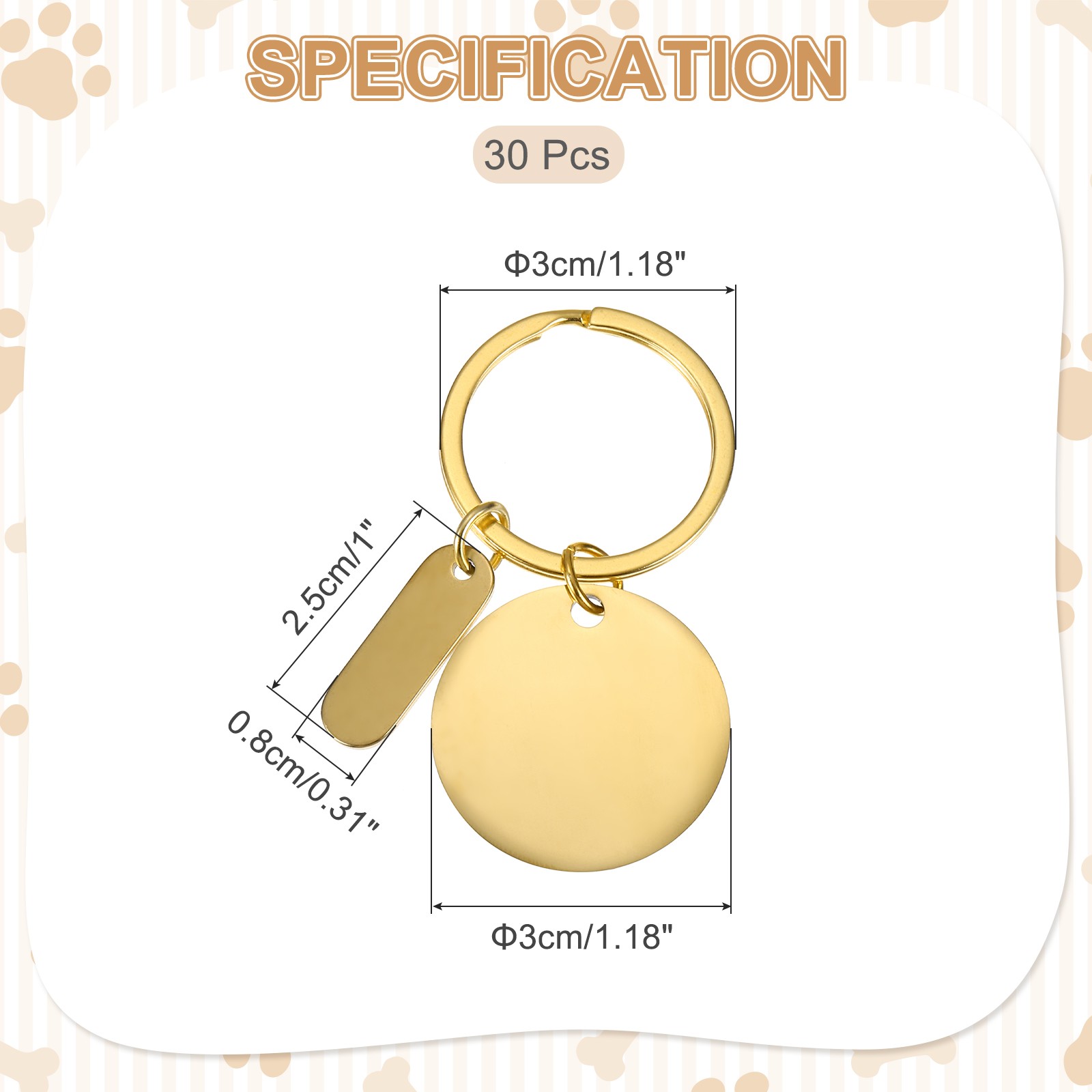 30Pcs Metal Engraving Keychain Blanks, Gold Tone(Round)