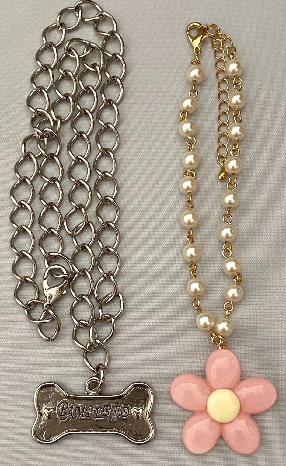 2 PCS PET FLOWER CHAIN NECKLACE & SILVERTONE PAMPERED PET BONE CHAIN NECKLACE