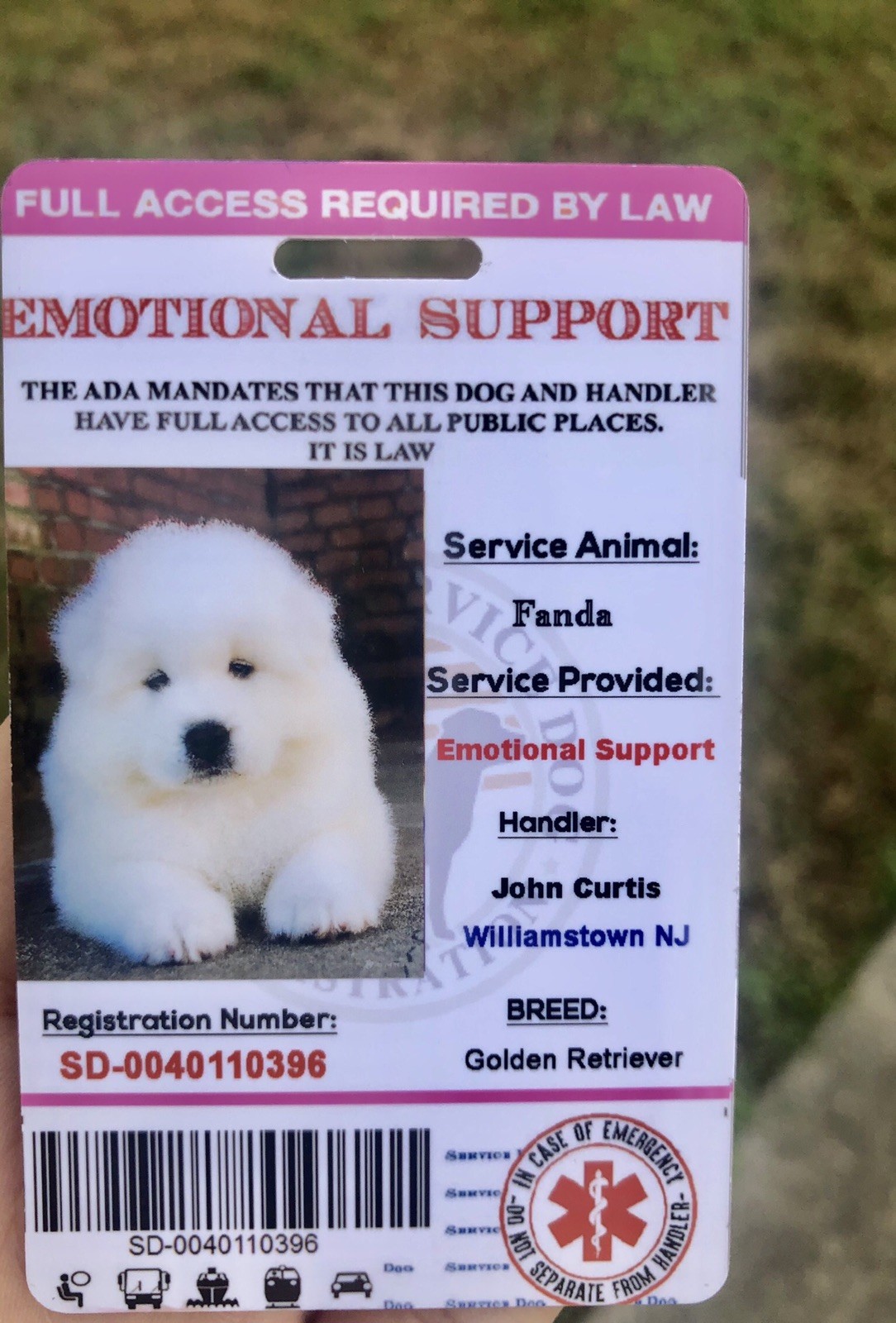 Pink EmotionalSupport Dog Card ID Assistance Animal Badge ADA ESA With Barcode