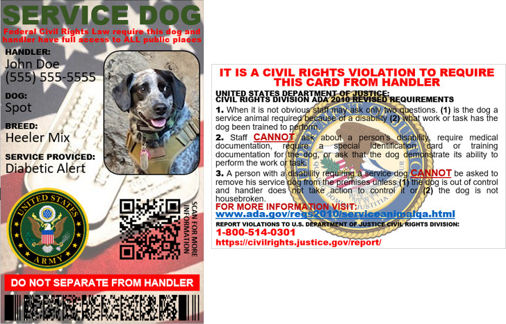 SERVICE DOG ID CARD ARMY VETERANS 2 SIDED PHYSICAL & DIGITAL