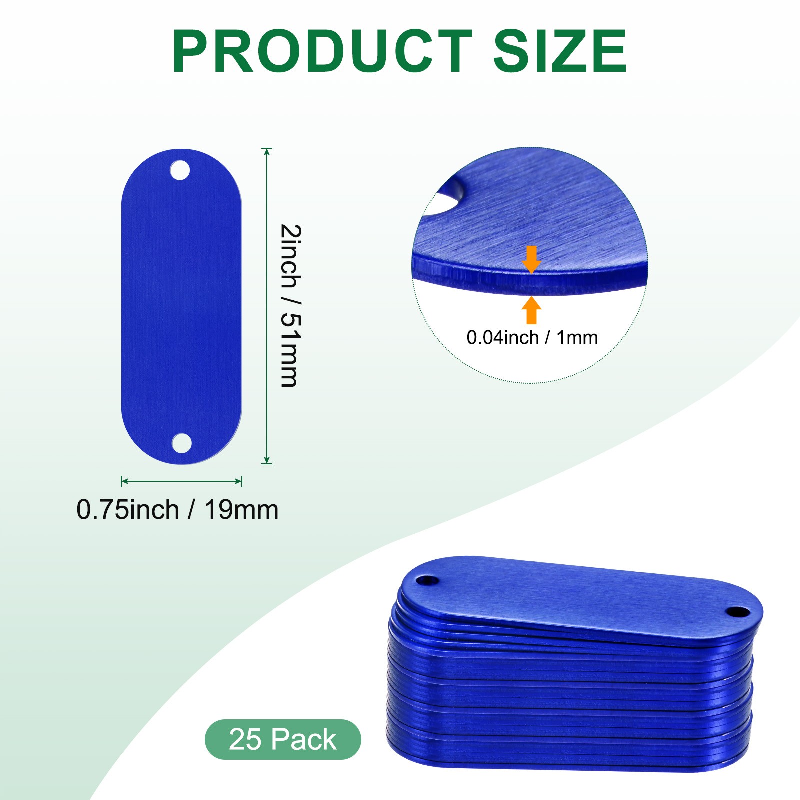 25-Pack 2″ x 0.75″ x 0.04″( L x W x T ) Blank Dog Tags [Blue, 2 Holes]