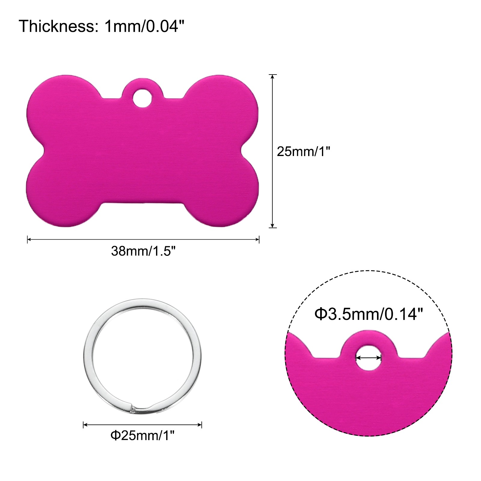 Bone Shaped Dog Tag Pet ID Tags, 1.5″x1″ Metal Rose Red Blank with Ring, 10pcs