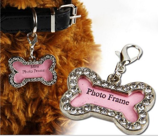 Pet ID Tag – Collar Charm – Mini Photo Frame – Zipper Pull – Rhinestones – Bone