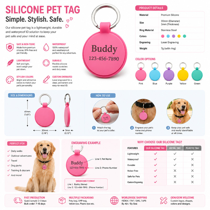 Personalized Round Silicone Pet Tag Engraved Dog Tag Cat Tag Silent Name Tag