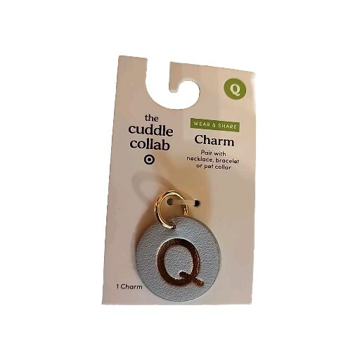 The Cuddle Collab Pet Charm Gold “Q” On Sky Blue Round Faux Leather Charm