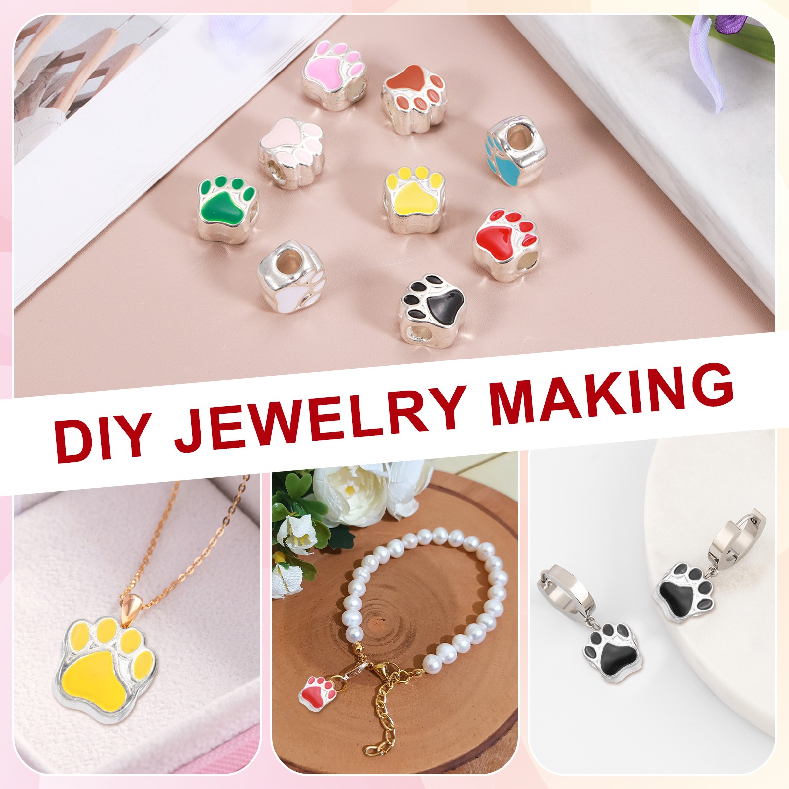Enamel Paw Print Charms, Alloy Dog Cat Paw Large Hole Beads, 20Pcs(Rose Red)