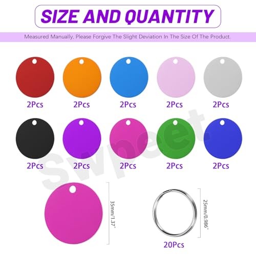 Swpeet 40Pcs 10 Colors 35mm/ 1.37″ Aluminum Blank Tags with Key Ring Round