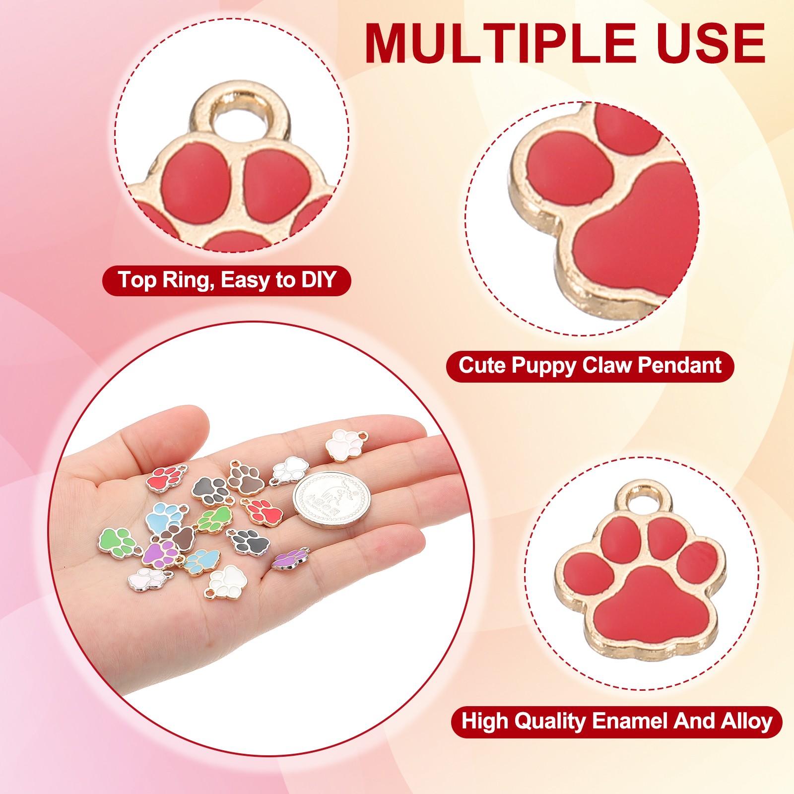Enamel Paw Print Charm, 100Pcs Alloy Enamel Pendants , Red/gold