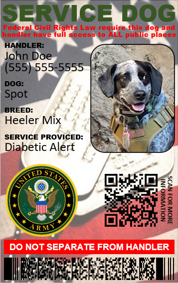 SERVICE DOG ID CARD MILITARY VETERANS 1 SIDE ONLY PHYSICAL & DIGITAL