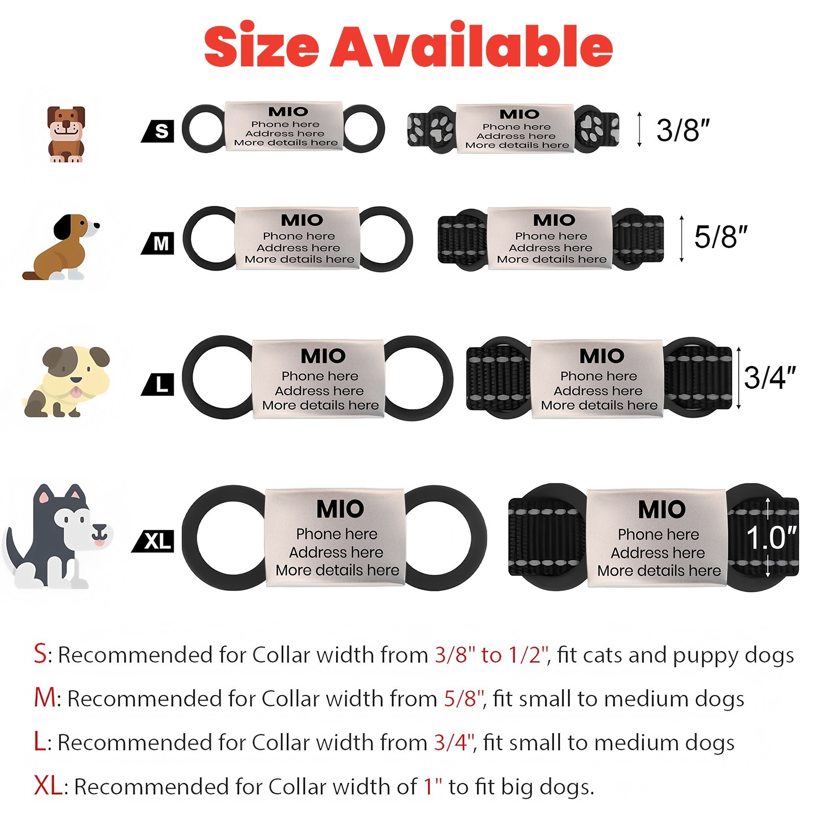 Custom Dog Tag Pets Engraved Name Tag Slide On ID Tags Collar Tags S, M, L, XL