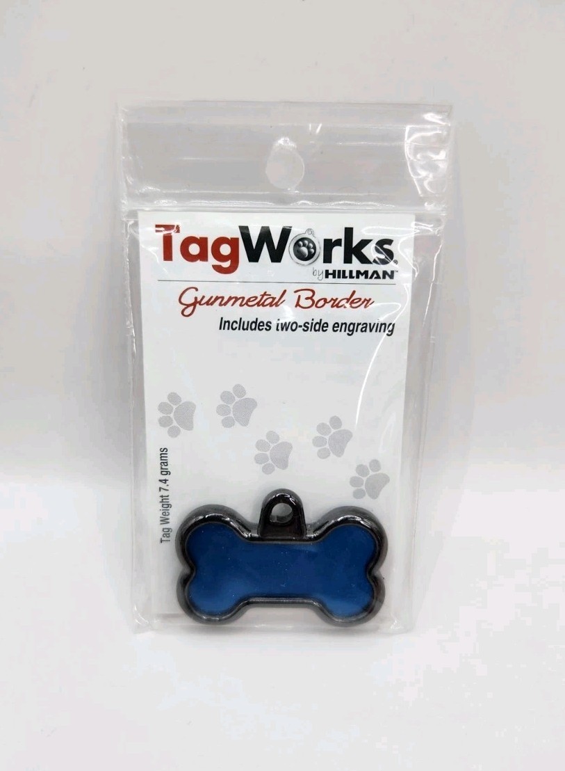 Dog Tag Works Custom Gun Metal & Blue Bone Engravable New Pet Collar Charm