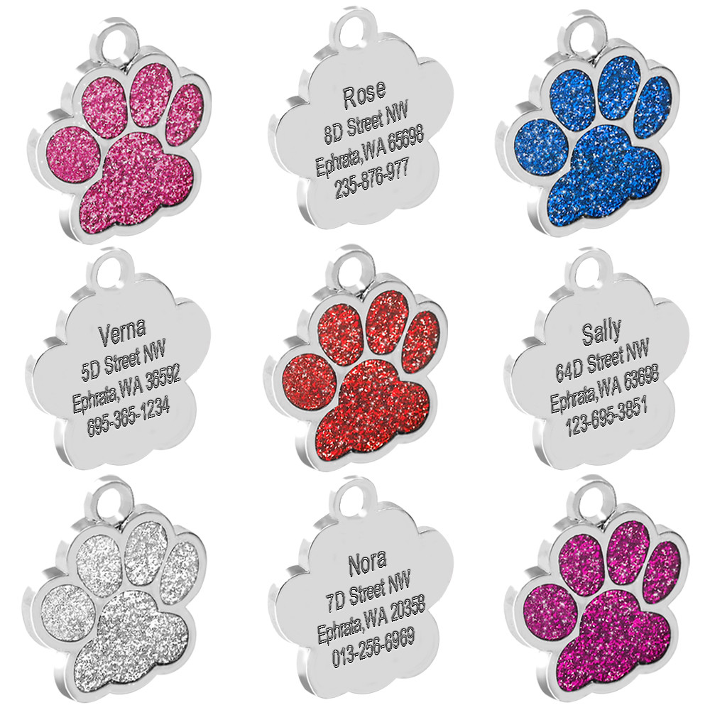 Personalized Dog Tags Engraved Cat Puppy Pet ID Name Collar Tag Bone/Paw Glitter