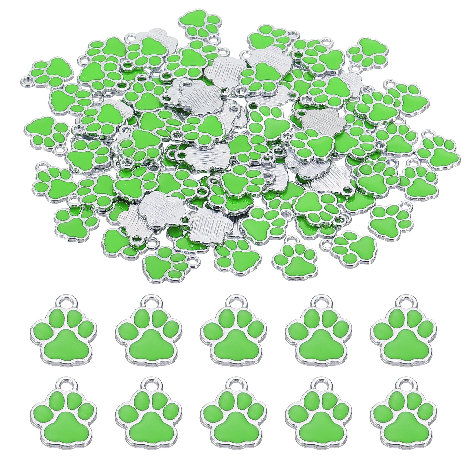 100 Pcs Green/Silver Enamel Paw Print Charm Alloy Enamel Pendants