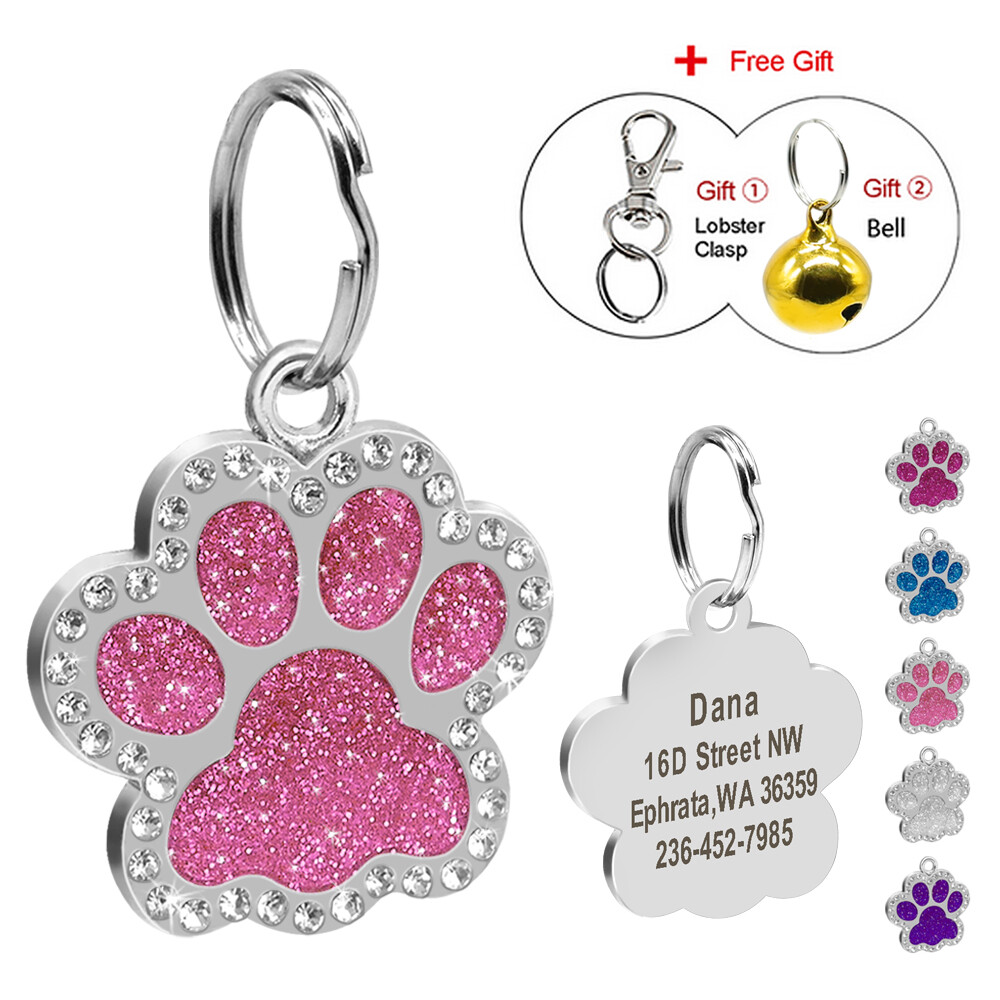 Personalized Dog ID Tag Paw Glitter Engraved Custom Rhinestone for Pet Puppy Cat