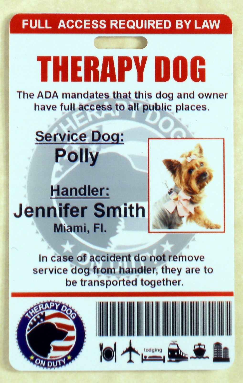 HOLOGRAPHIC THERAPY SUPPORT DOG ID CARD FOR SERVICE DOG ADA RATED 0THR