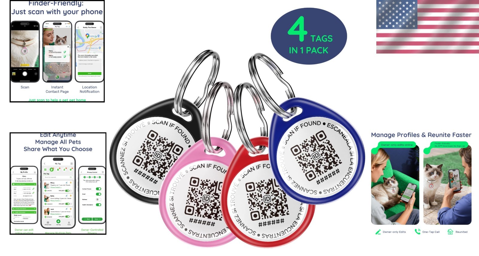 QR Code Pet Tags, Reunite Faster, 4-Pack