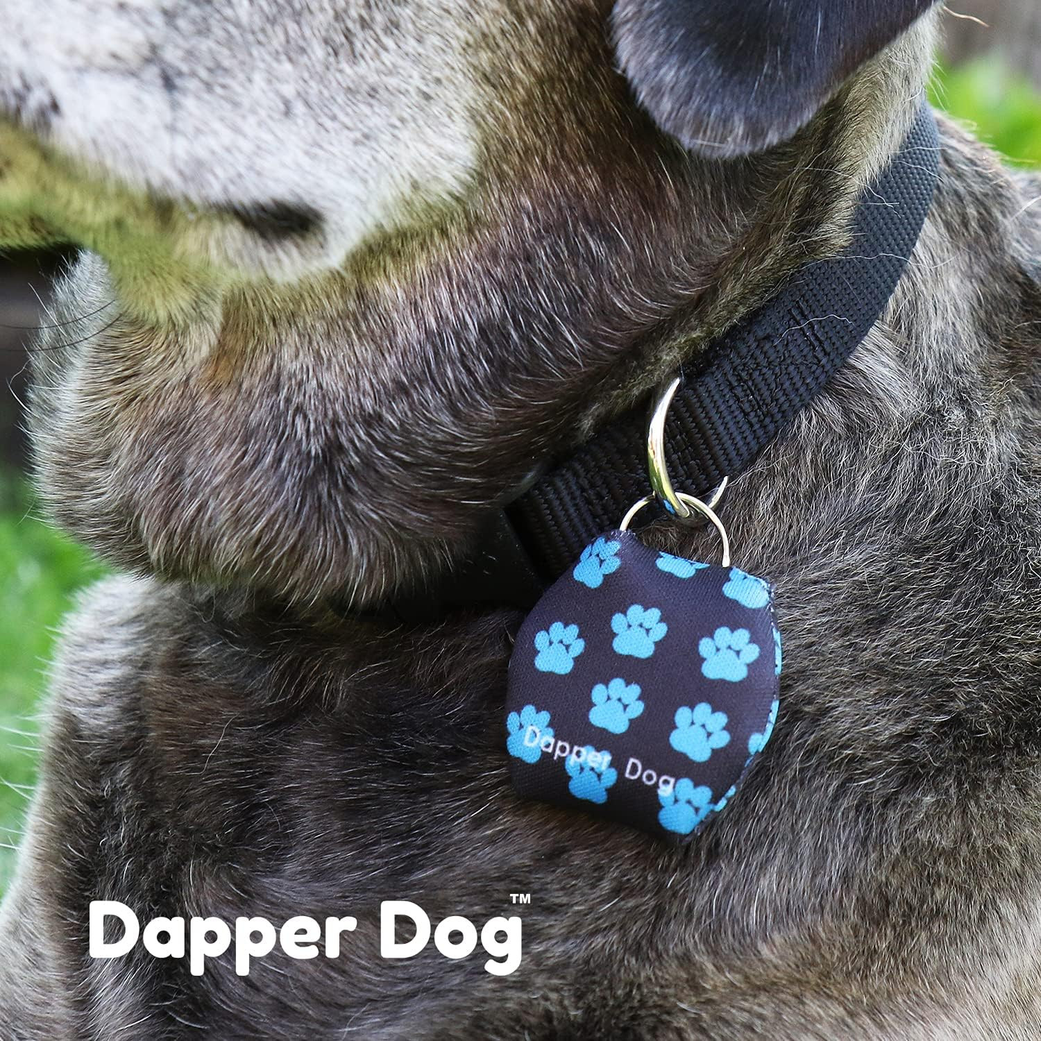 Dapper Dog – Dog Tag Silencer with Tag Ring (Black with Dark Blue Paw Prints)