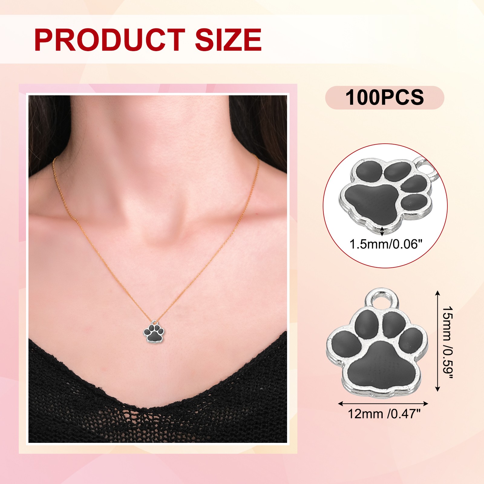 100 Pcs Black/Silver Enamel Paw Print Charm Alloy Enamel Pendants