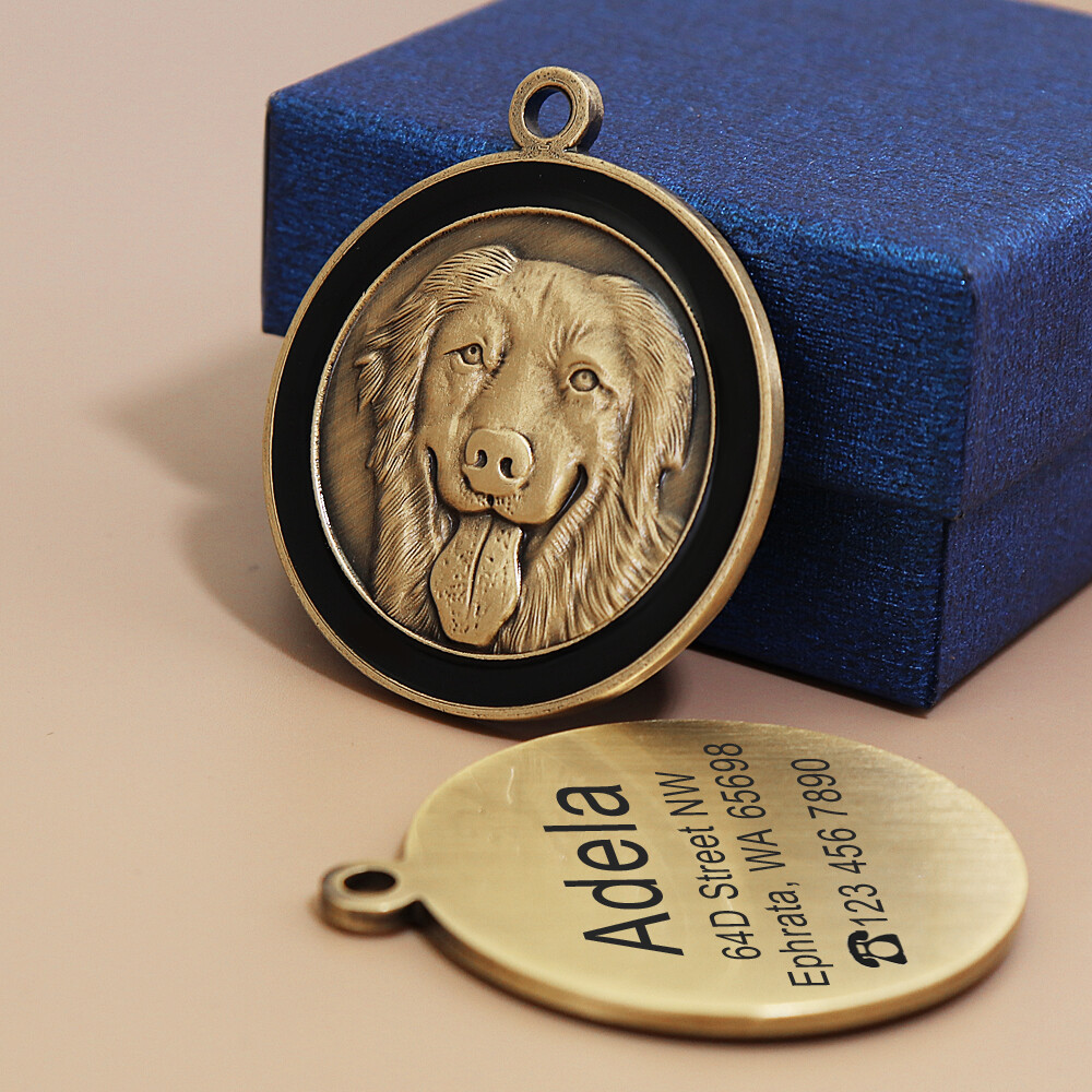 Personalized 3D Gold Dog Tag 8 Breeds Patterns Cat Bulldog Labrador Husky Poodle