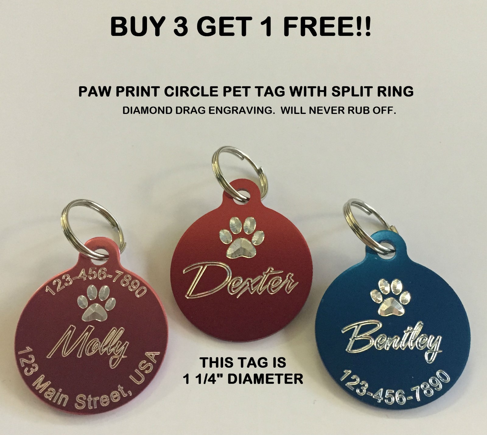 Custom Engraved Paw Print Pet Tag Dog Cat ID Name Animal (Choose from 10 Colors)
