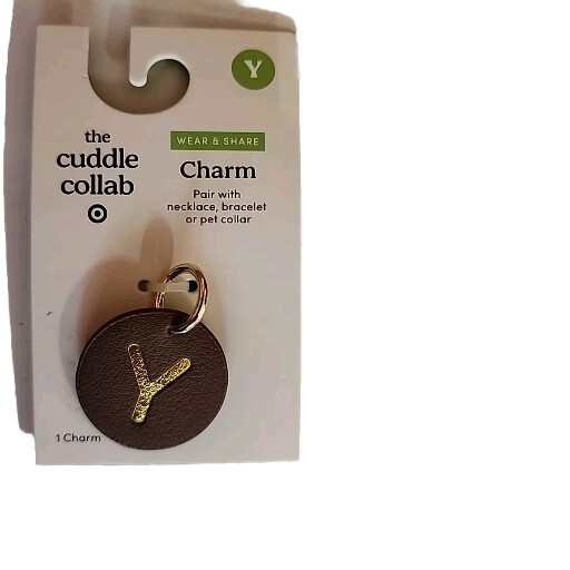 The Cuddle Collab Pet Charm Gold Lettering “Y” On Brown Round Faux Leather Charm
