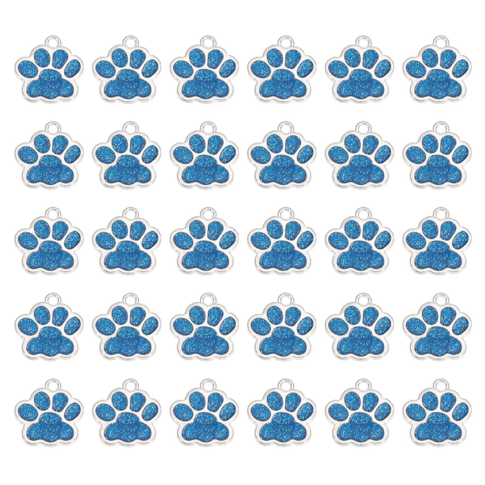 Enamel Paw Print Charms with Glitter Powder, 50Pcs(Silver Tone/Blue)