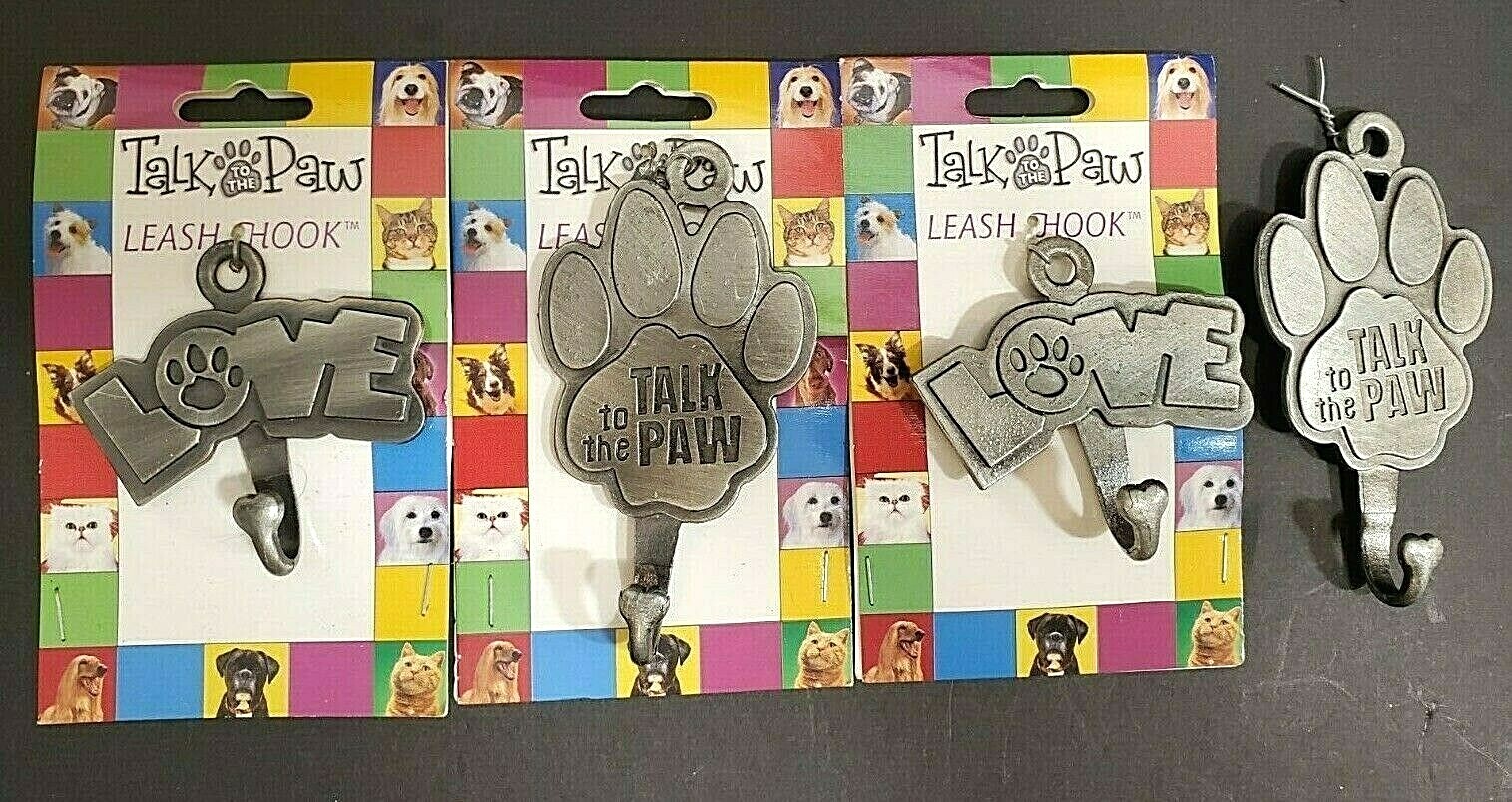 Lot of 4 – Talk to the Paw Dog Leash Hooks – Pewter – “Talk to the Paw” & “Love”