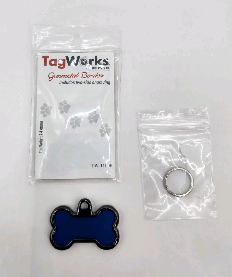 Dog Tag Works Custom Gun Metal & Blue Bone Engravable New Pet Collar Charm