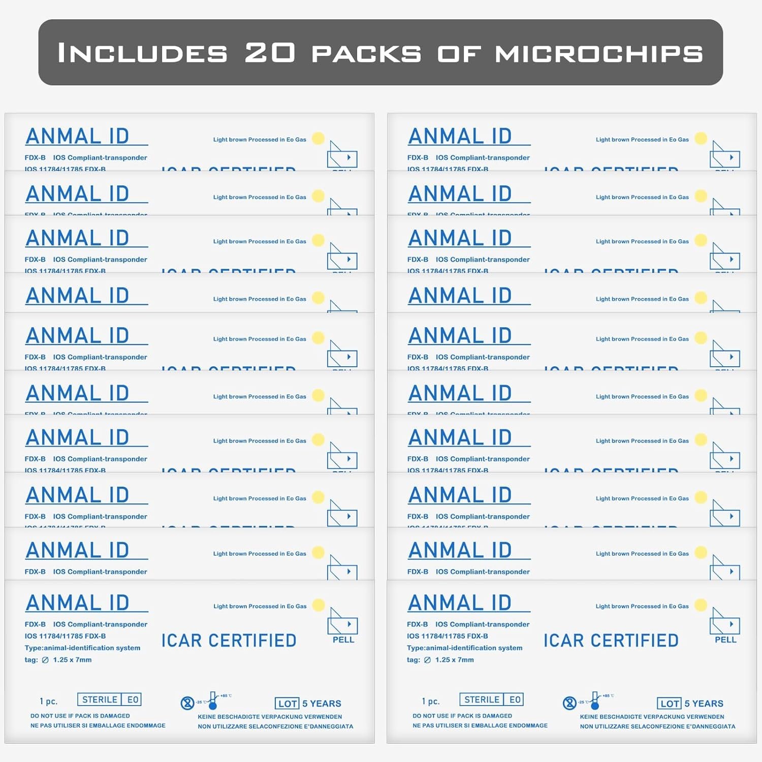 20 Universal FDX-B Pet Microchips 1.25x7mm – Proven Safety & Identification