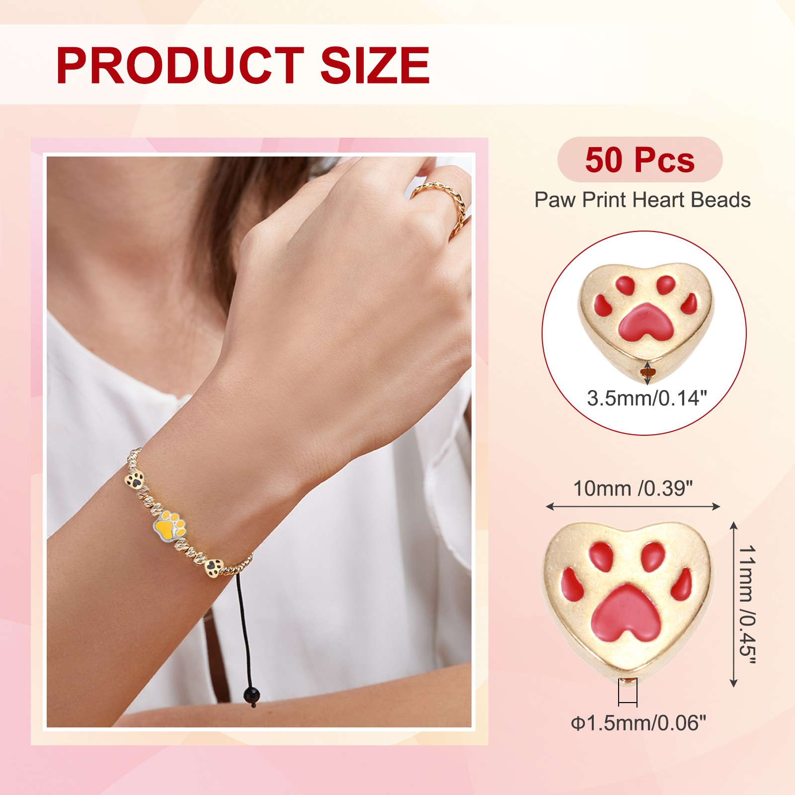 Paw Print Heart Beads, Enamel Alloy Dog Cat Paw Charms Pendant, 50Pcs(Red)
