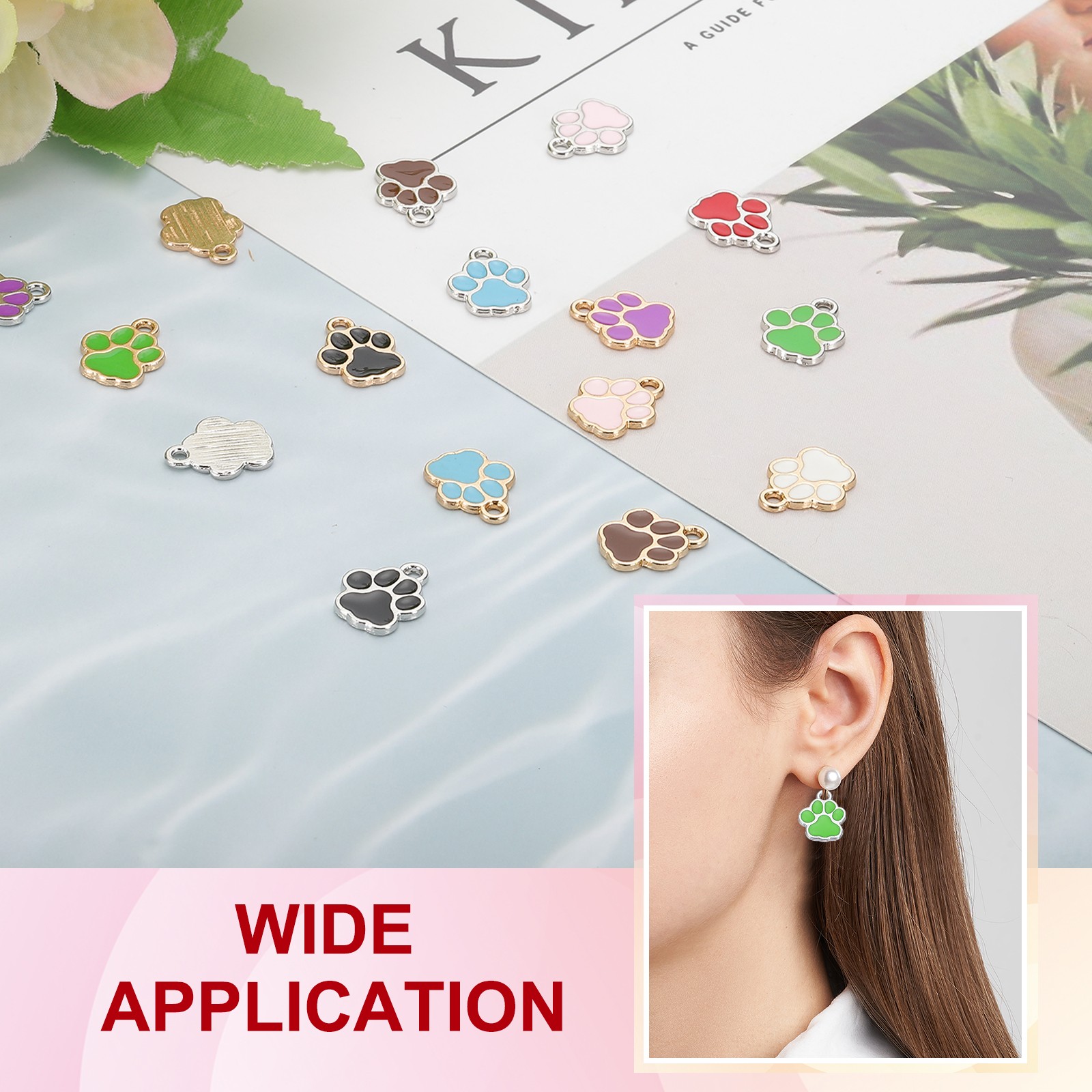 100 Pcs Green/Silver Enamel Paw Print Charm Alloy Enamel Pendants