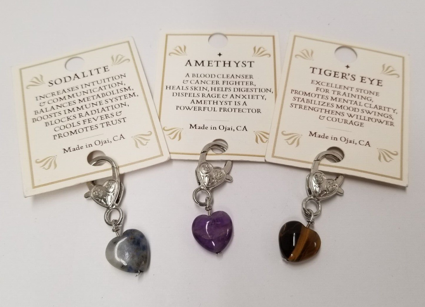 Sodalite, Amethyst, & Tiger’s Eye Crystal Heart Pet Collar Charms (3 Pack)