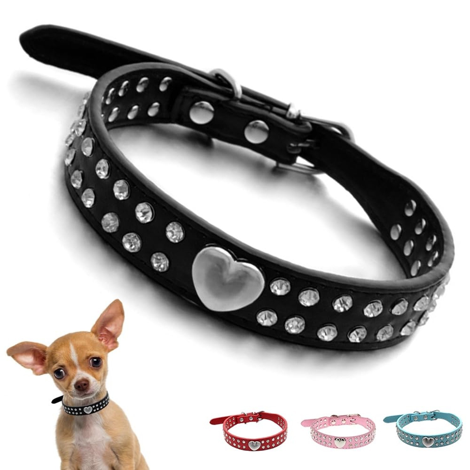 Black Bling Dog Collar XS, Heart Cat Collar Fancy Crystal Glitter Pretty Jewe…