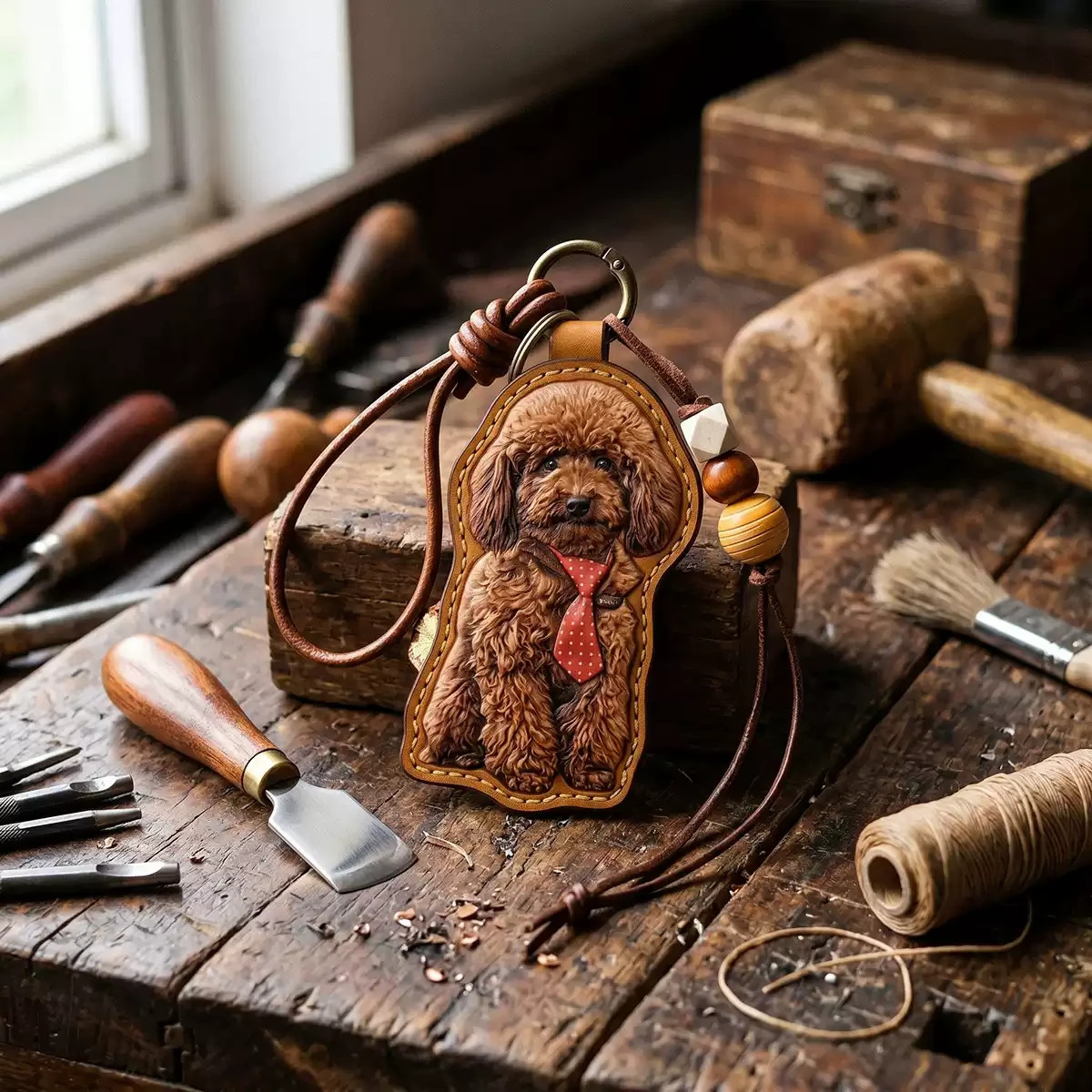 Custom Hand Drawn Pet Portrait Keychain PU Leather Carved Dog Cat Memorial Gift