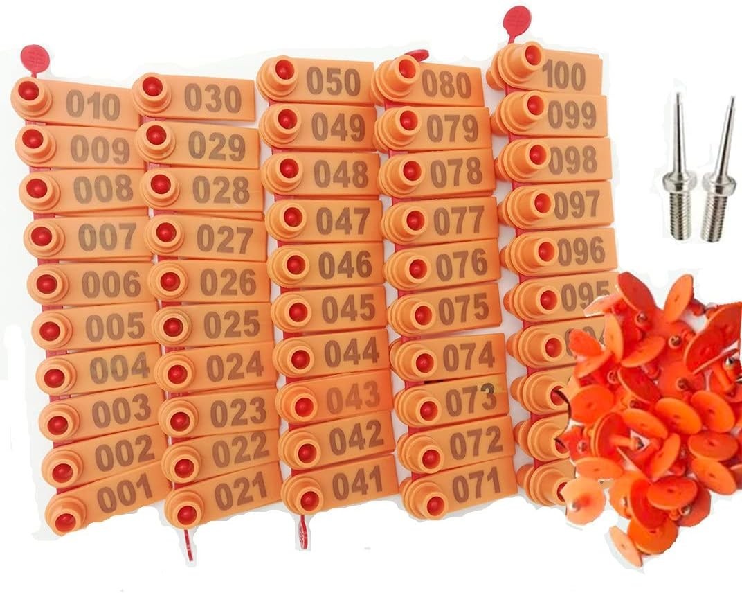 Set of 100 Numbered Goat Ear Tags 001-100 with Pins – Plastic Livestock Markers