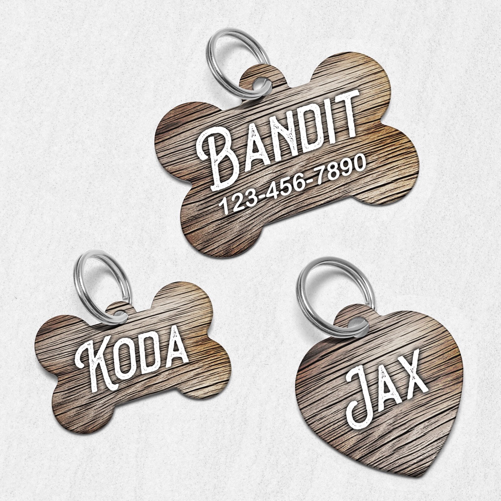 Faux Rustic Wood Dog Tags for Dogs, Pet ID Tags, Custom Personalized Puppy Tag