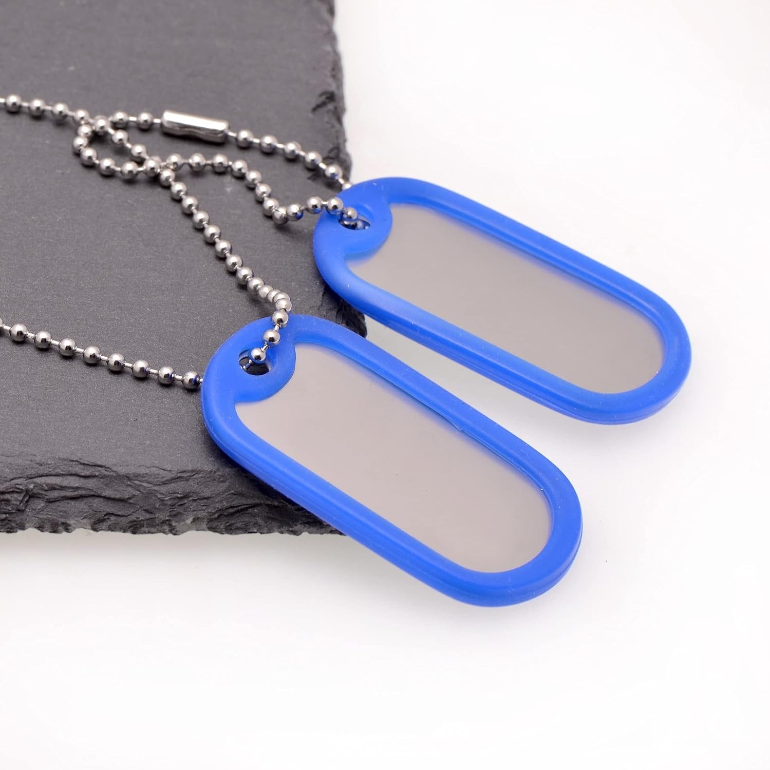 Military Dog Tags Necklace Set with Bead Chains and Blue Silicone Silencers